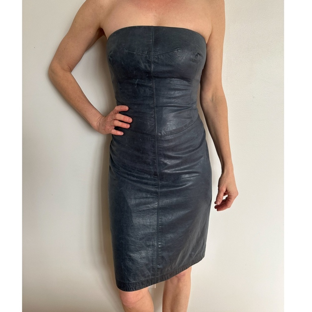 Shoshanna • Strapless Leather Dress in Slate Grey
